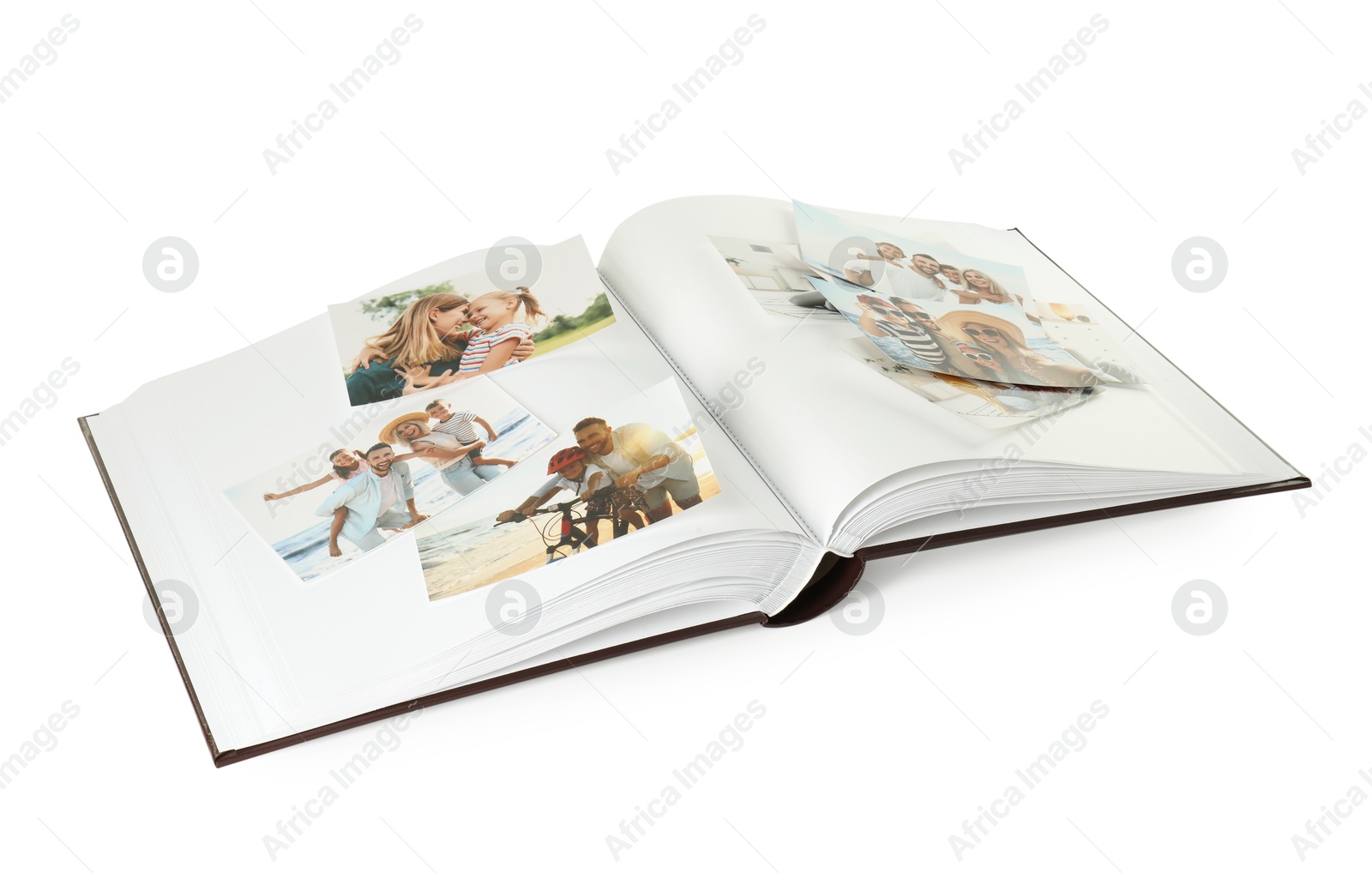 Photo of Open photo album with different photos isolated on white