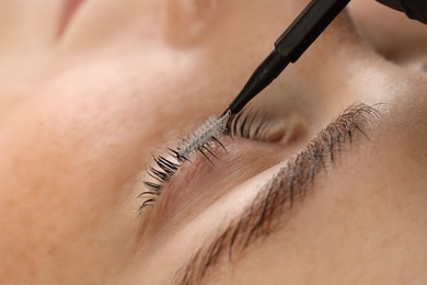 Photo of Brushing woman's lashes after lamination procedure, closeup