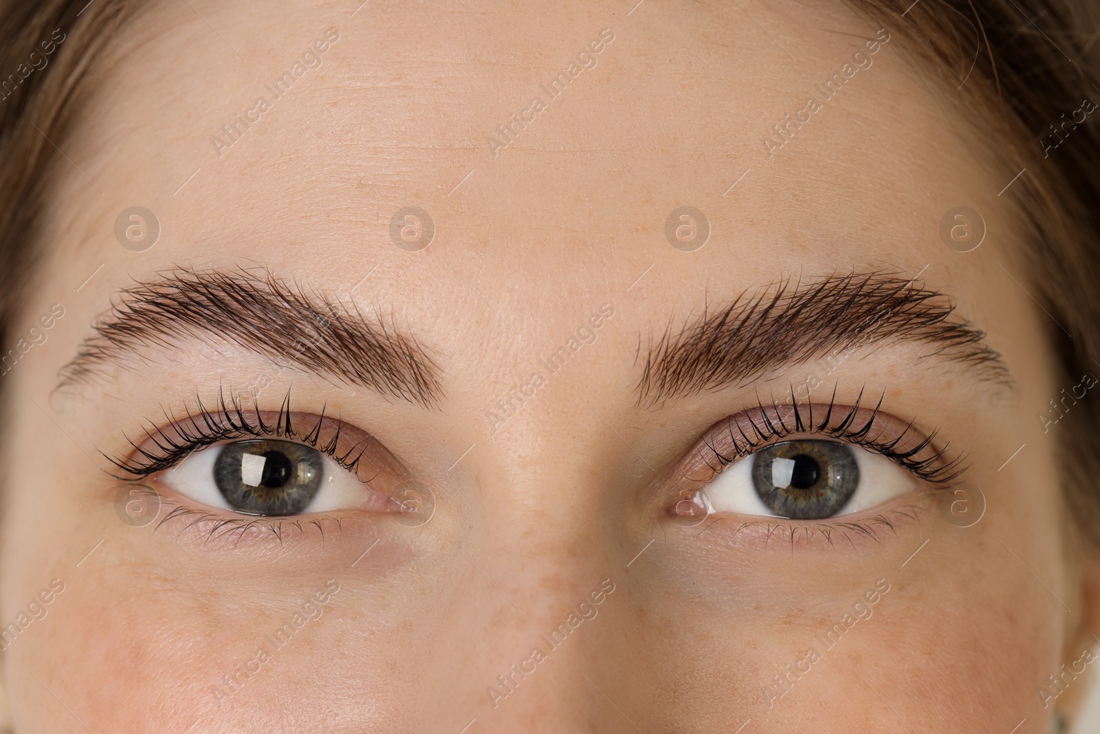 Photo of Beautiful woman after lash laminating and tinting procedure, closeup