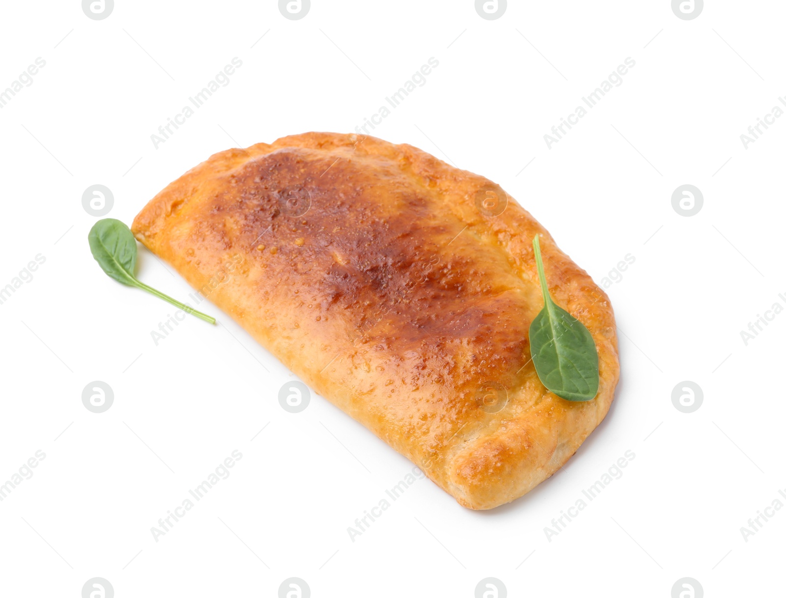 Photo of Tasty calzone with basil isolated on white