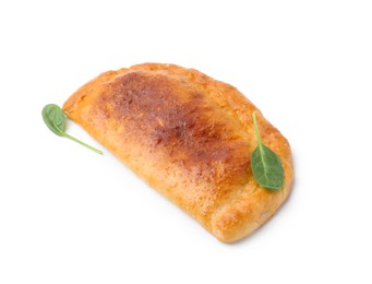 Photo of Tasty calzone with basil isolated on white