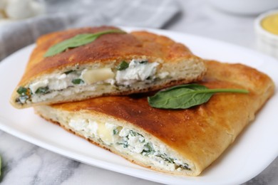 Photo of Pieces of tasty calzone with cheese and basil on white marble table, closeup