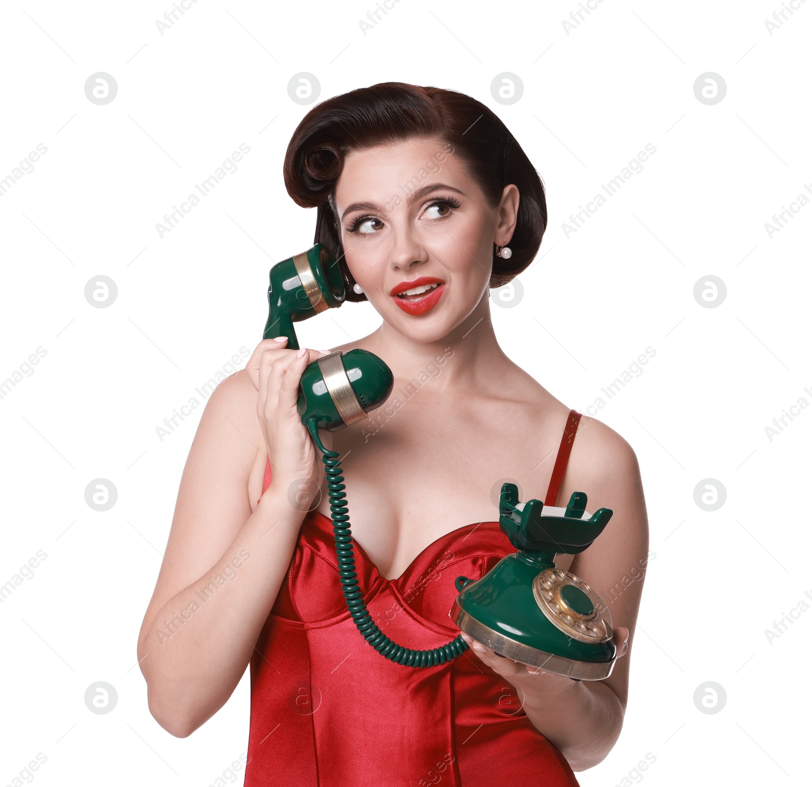 Photo of Pin-up woman with telephone on white background