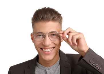 Photo of Handsome young man with stylish haircut on white background