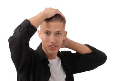 Photo of Confident young man with stylish haircut on white background