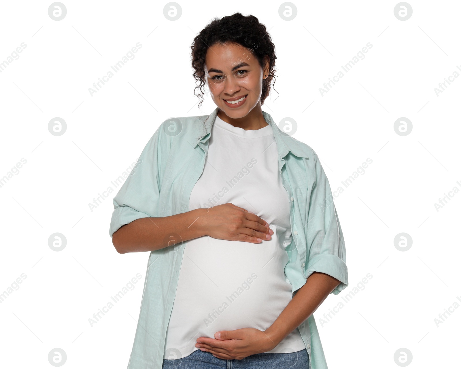 Photo of Portrait of beautiful pregnant woman on white background