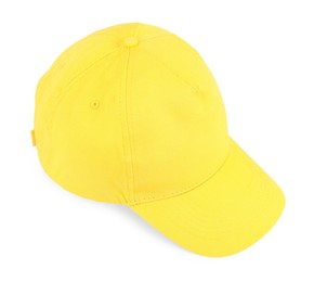 Photo of Stylish yellow baseball cap isolated on white. Mockup for design