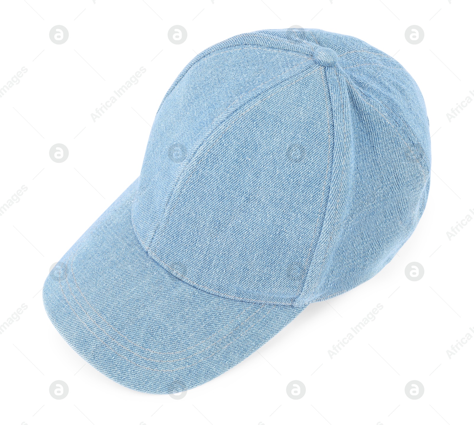 Photo of Stylish denim baseball cap isolated on white. Mockup for design