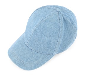 Photo of Stylish denim baseball cap isolated on white. Mockup for design