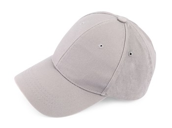 Photo of One stylish baseball cap isolated on white. Mockup for design