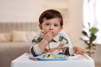 Photo of Cute little baby eating healthy food in high chair at home