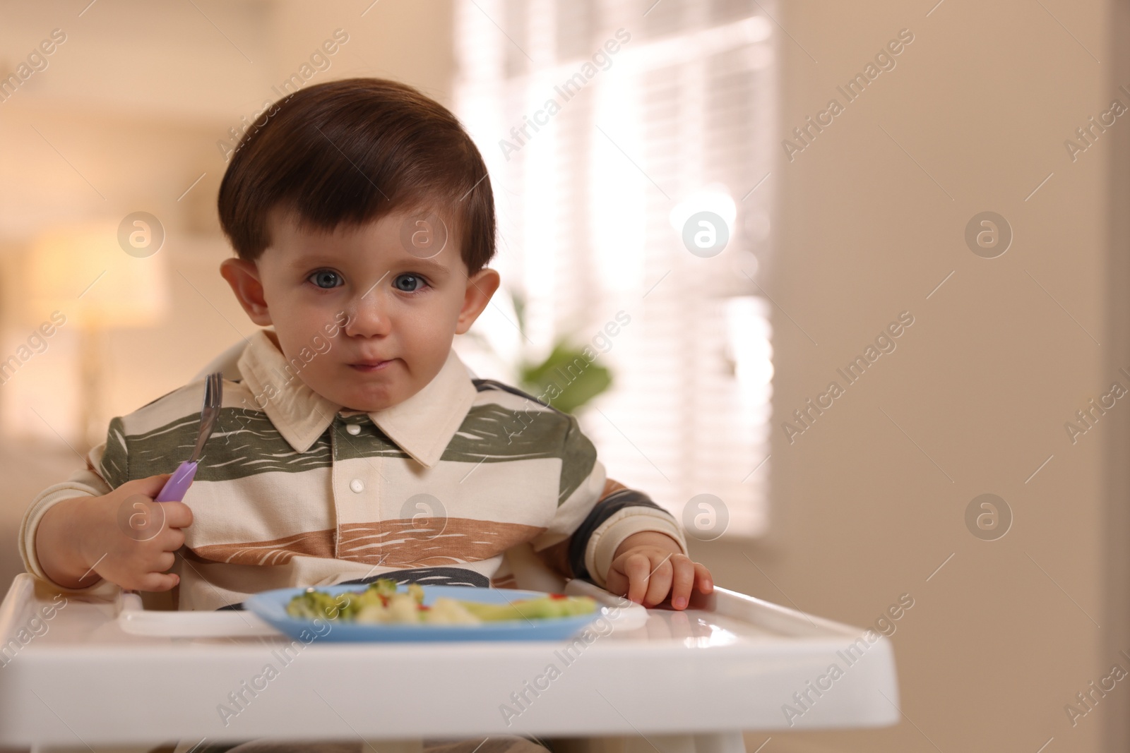 Photo of Cute little baby eating healthy food in high chair at home