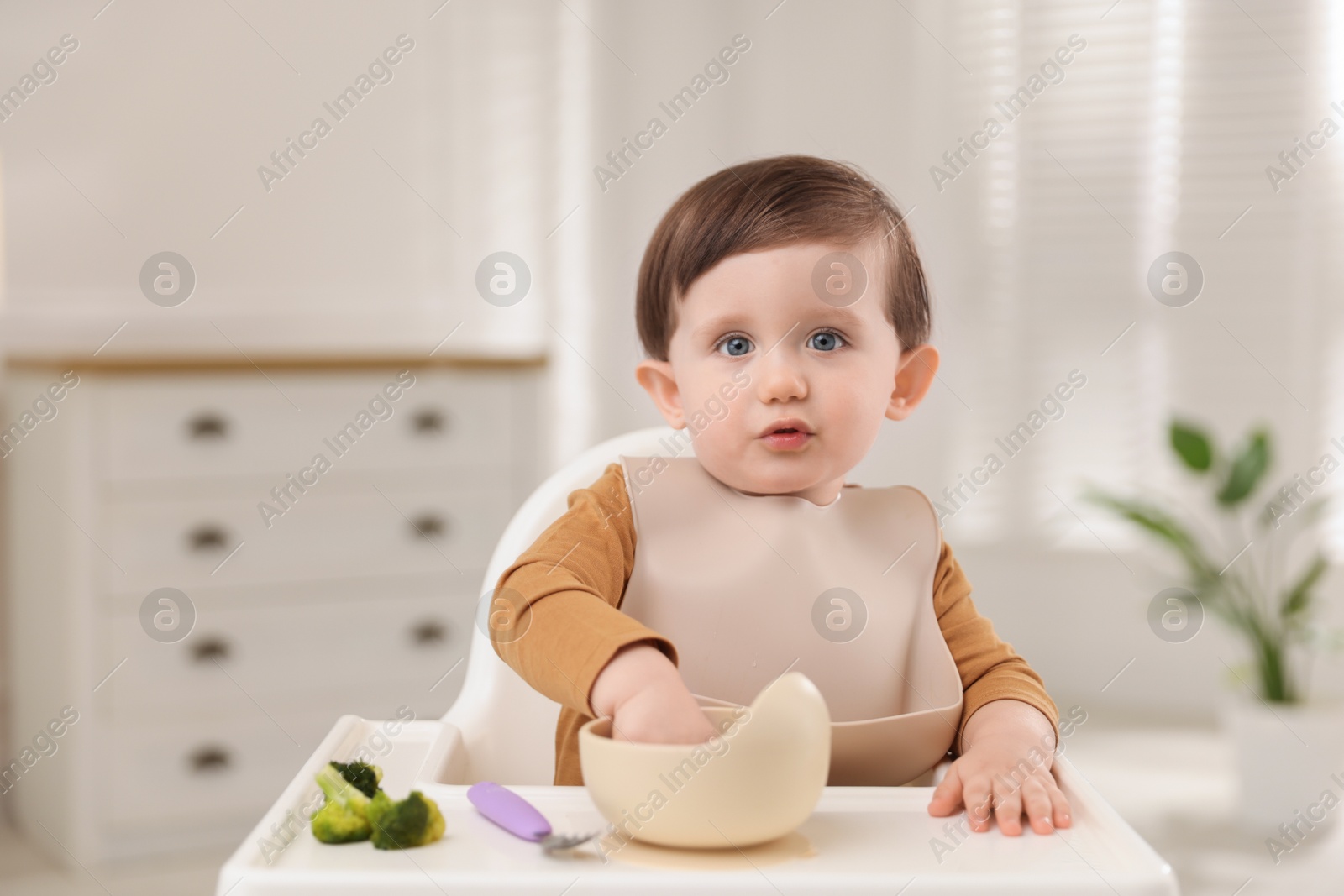 Photo of Cute little baby eating healthy food from bowl in high chair at home