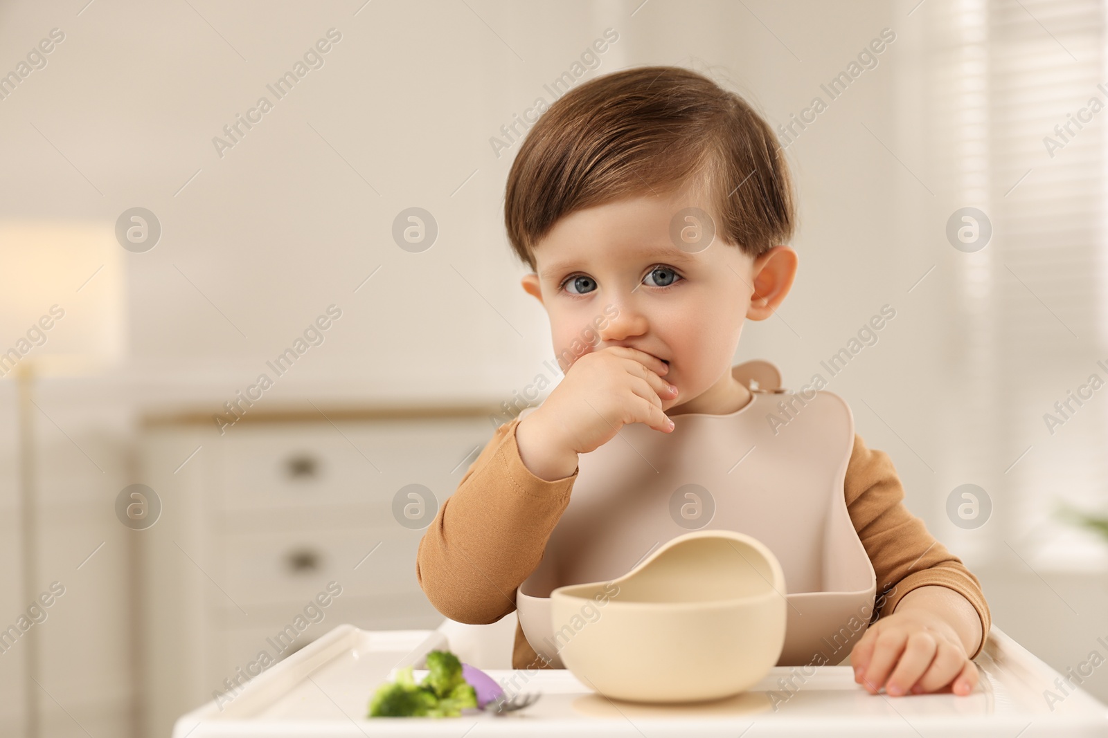 Photo of Cute little baby eating healthy food from bowl in high chair at home