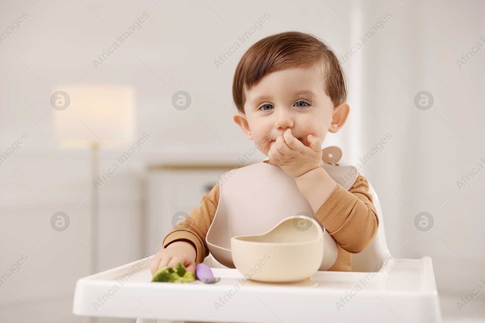 Photo of Cute little baby eating healthy food from bowl in high chair at home