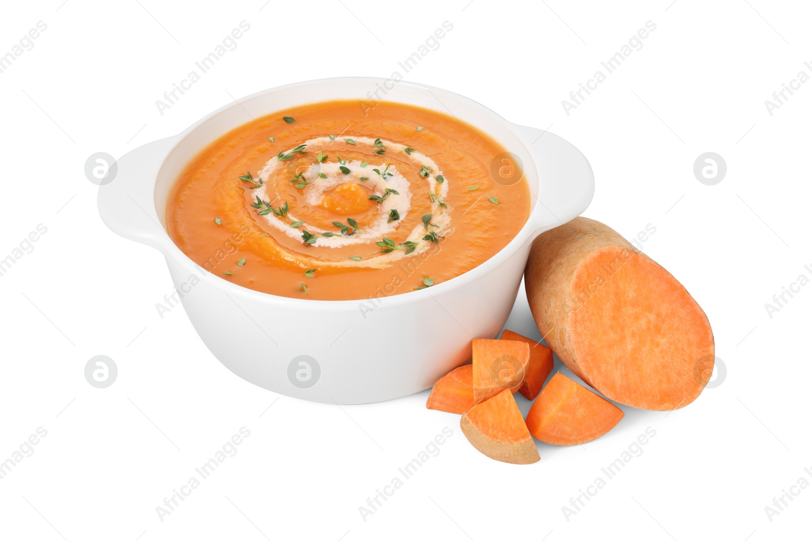 Photo of Delicious sweet potato soup with microgreens and fresh vegetable isolated on white