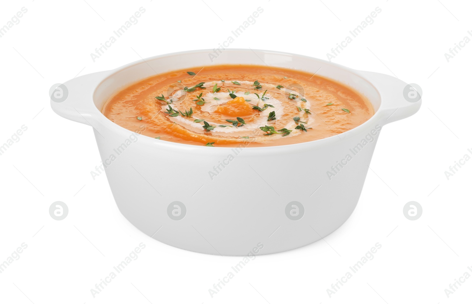 Photo of Delicious sweet potato soup with microgreens isolated on white