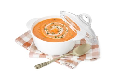 Photo of Delicious sweet potato soup with microgreens and spoon isolated on white