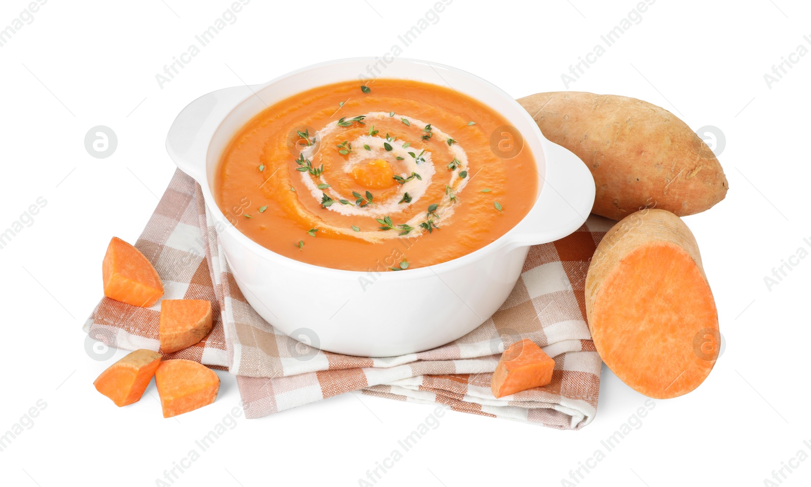 Photo of Delicious sweet potato soup with microgreens and fresh vegetables isolated on white