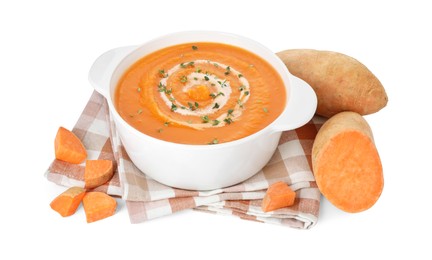 Photo of Delicious sweet potato soup with microgreens and fresh vegetables isolated on white