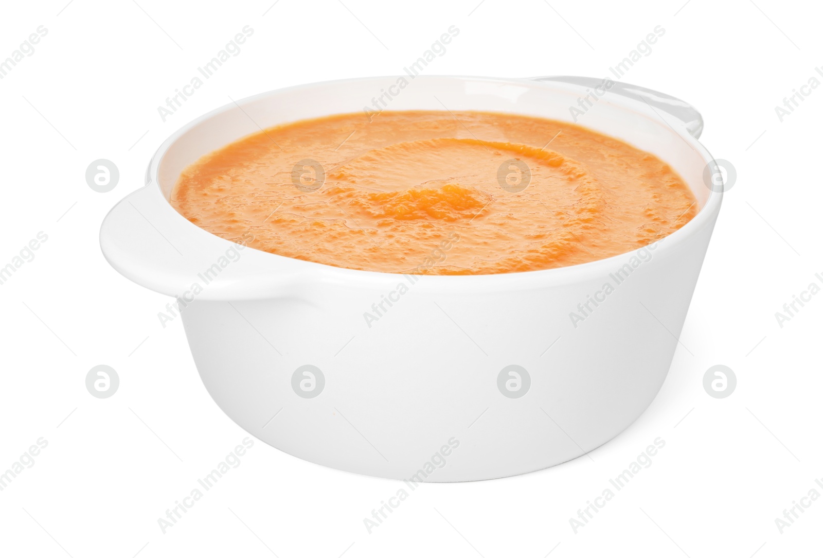 Delicious sweet potato soup isolated on white Photo of Delicious sweet potato soup isolated on white
