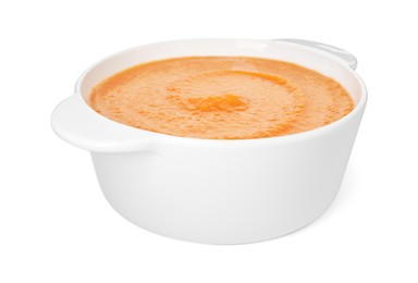 Photo of Delicious sweet potato soup isolated on white