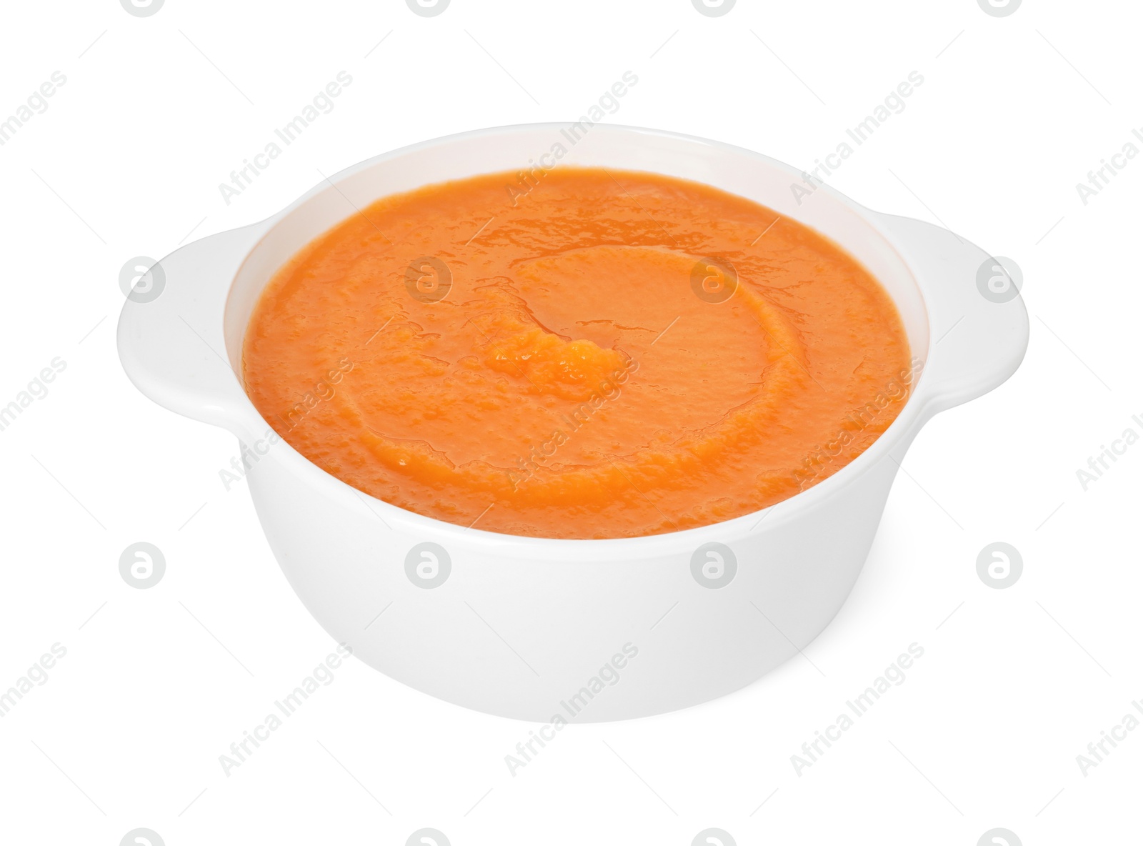 Photo of Delicious sweet potato soup isolated on white