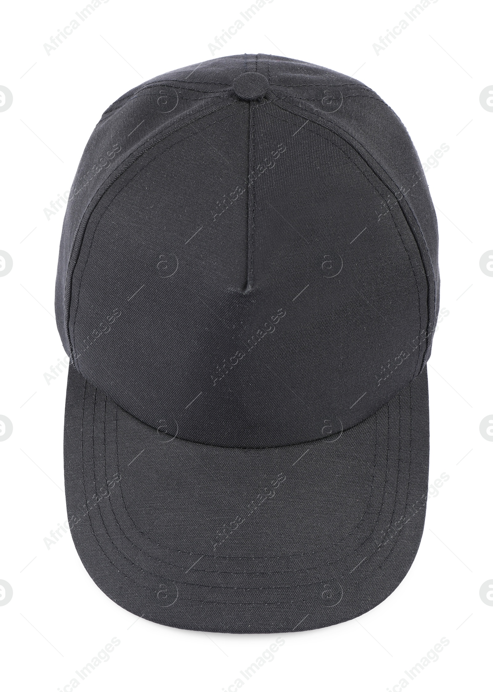 Photo of Stylish black baseball cap isolated on white, above view. Mockup for design