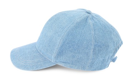 Photo of Stylish denim baseball cap isolated on white. Mockup for design