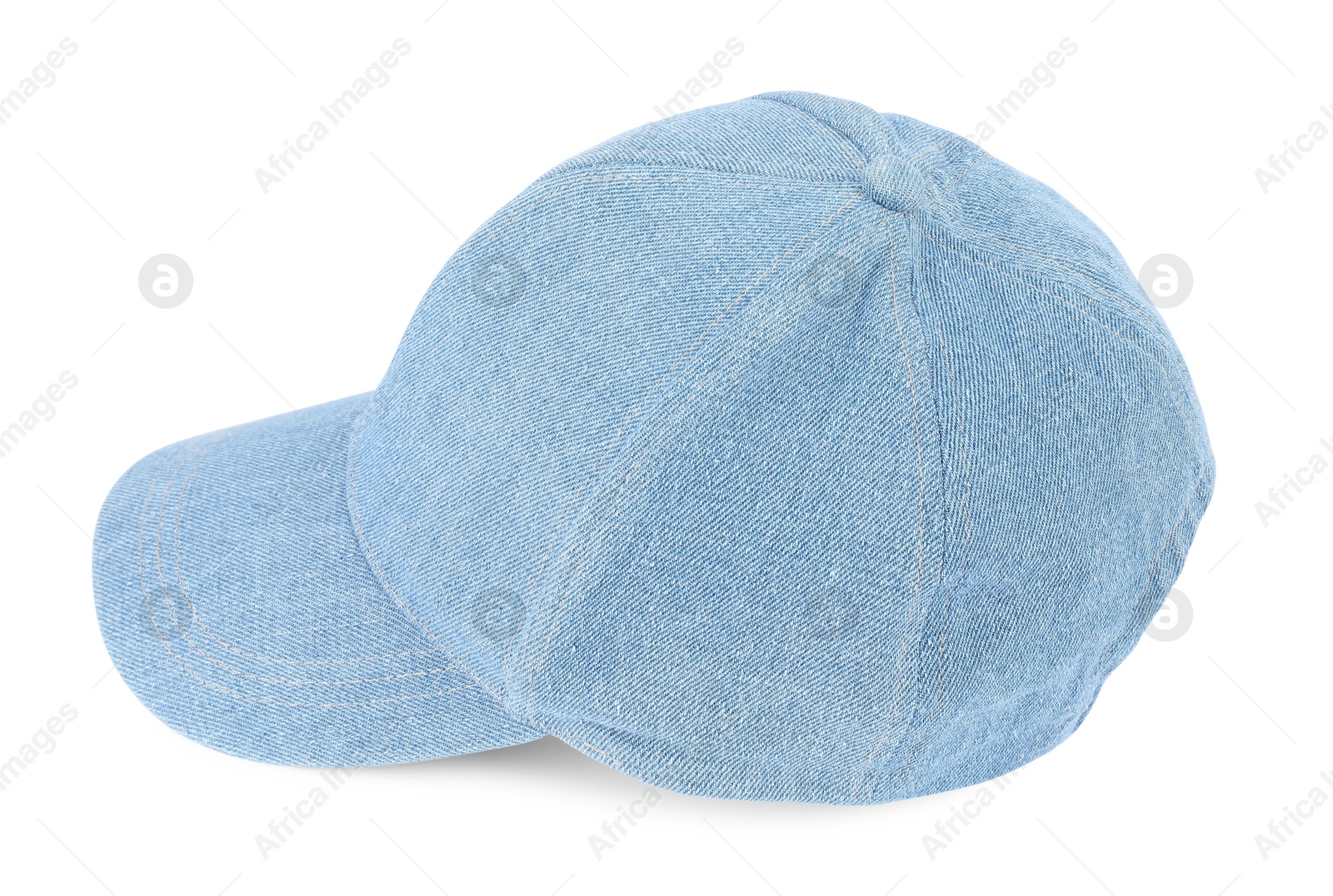 Photo of Stylish denim baseball cap isolated on white. Mockup for design