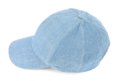 Photo of Stylish denim baseball cap isolated on white. Mockup for design