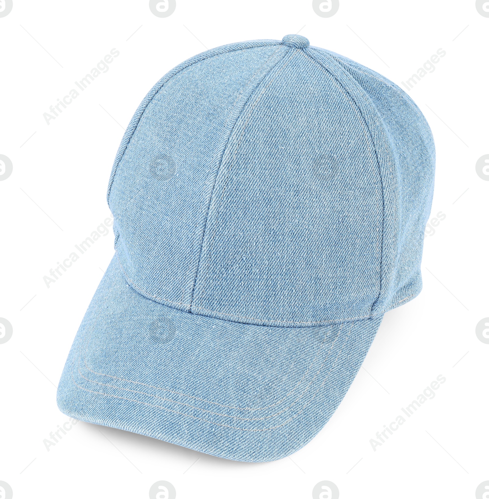 Photo of Stylish denim baseball cap isolated on white. Mockup for design