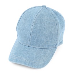 Photo of Stylish denim baseball cap isolated on white. Mockup for design