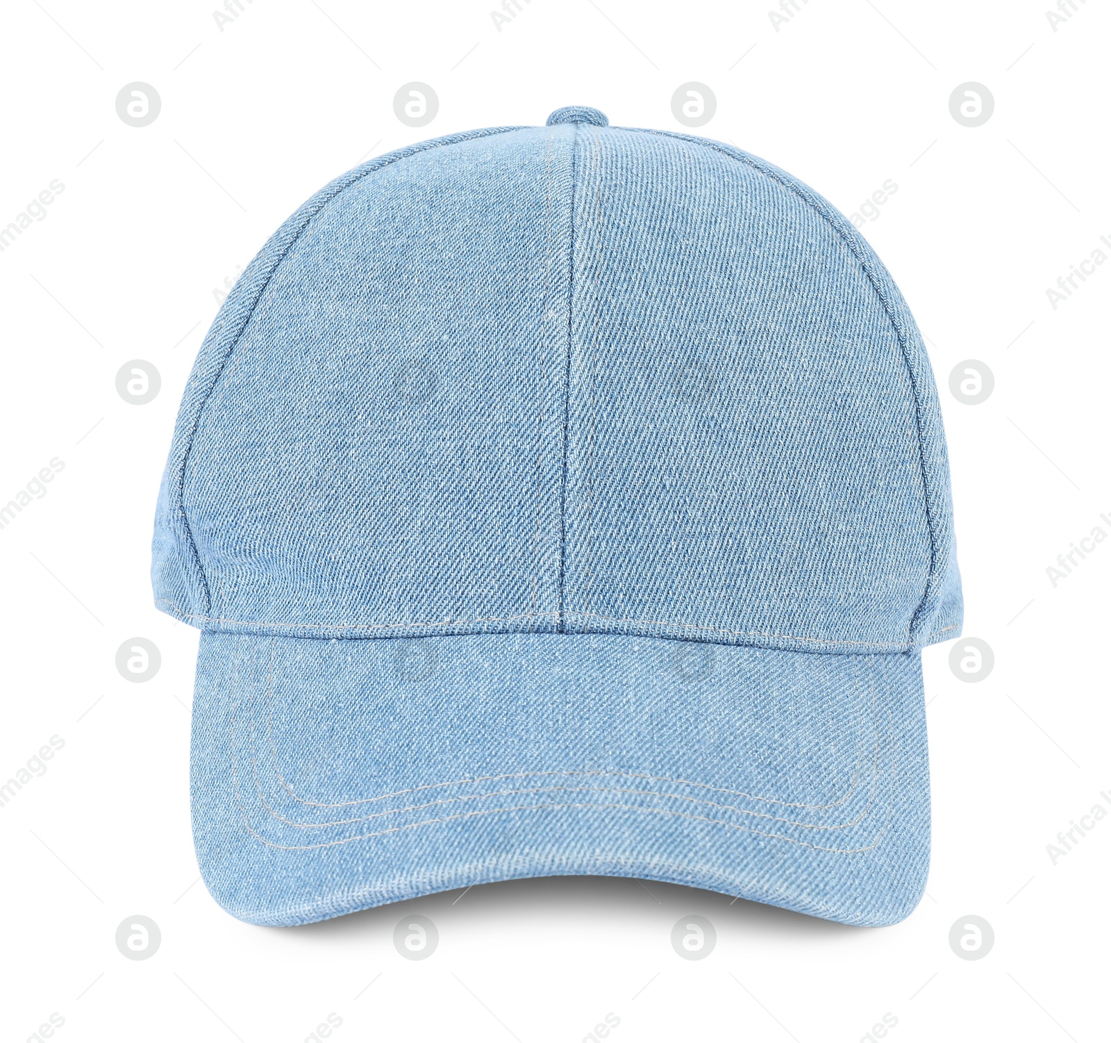 Photo of Stylish denim baseball cap isolated on white. Mockup for design