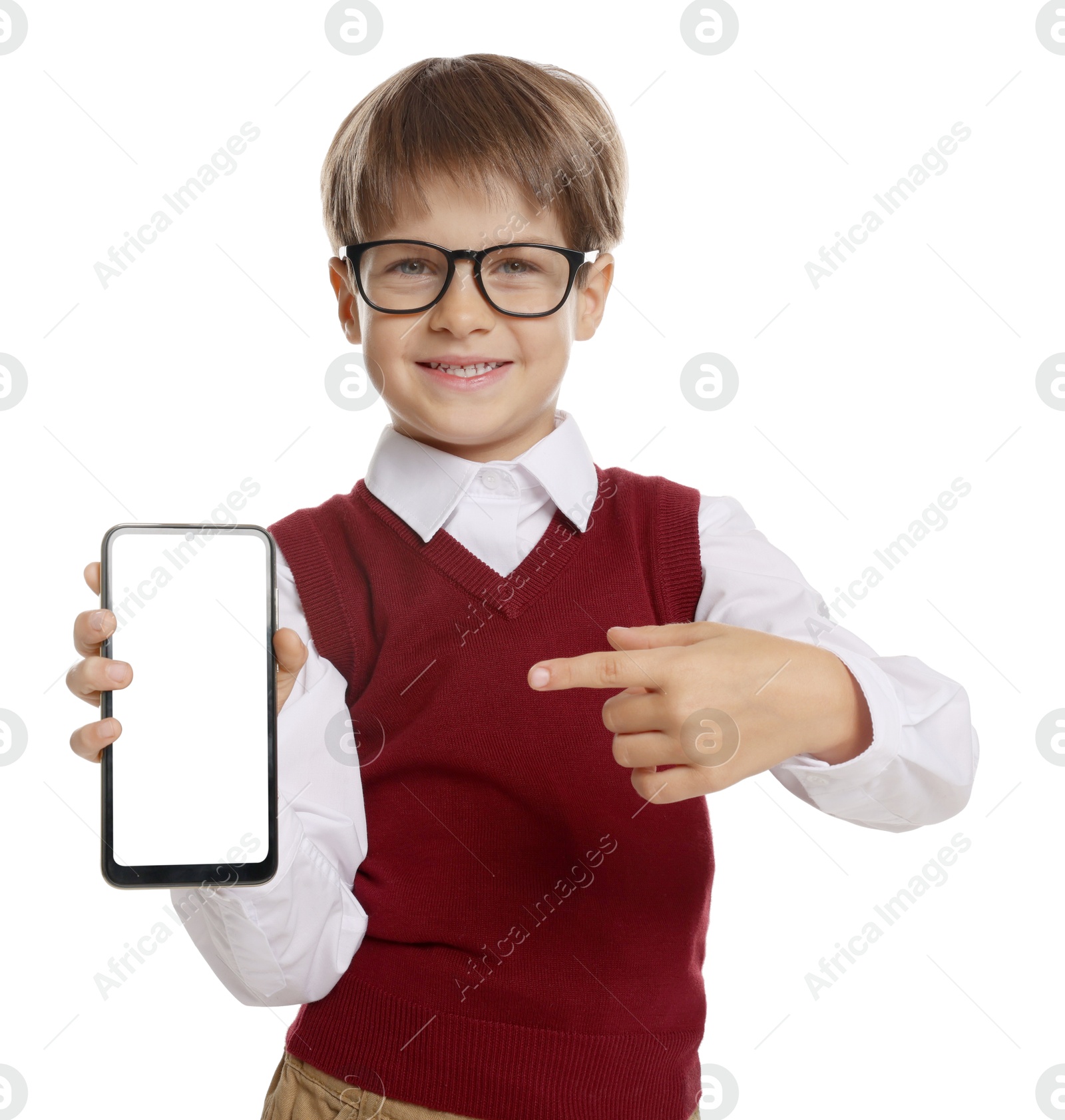 Photo of Little boy with smartphone on white background