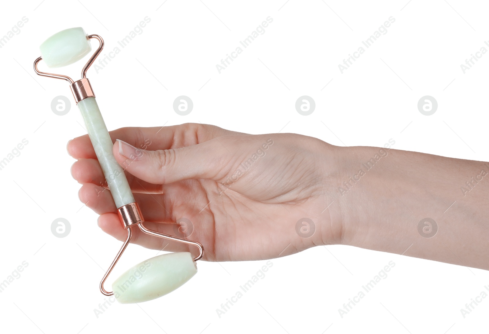 Photo of Woman holding face roller on white background, closeup