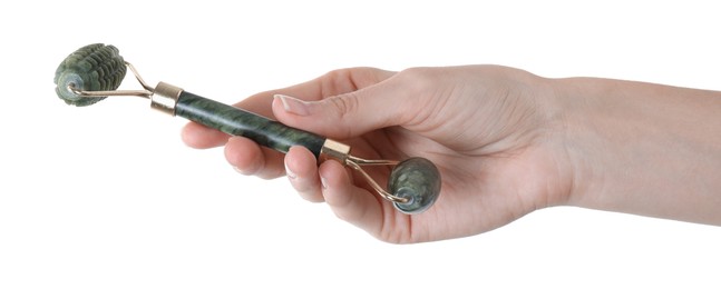 Photo of Woman holding face roller on white background, closeup