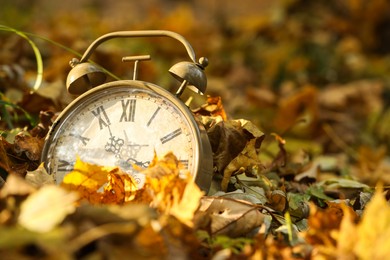 Photo of Autumn time. Vintage clock on fallen leaves in park, closeup with space for text