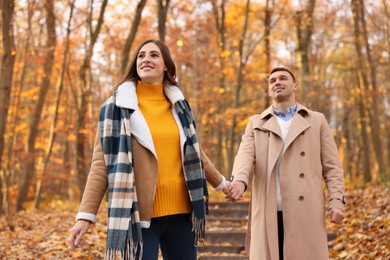 Happy couple spending time together in autumn park