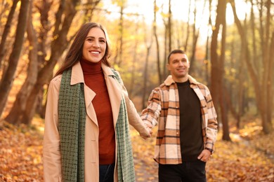 Photo of Happy couple spending time together in autumn park, selective focus