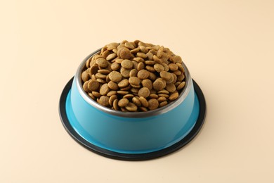 Photo of Dry pet food in feeding bowl on beige background