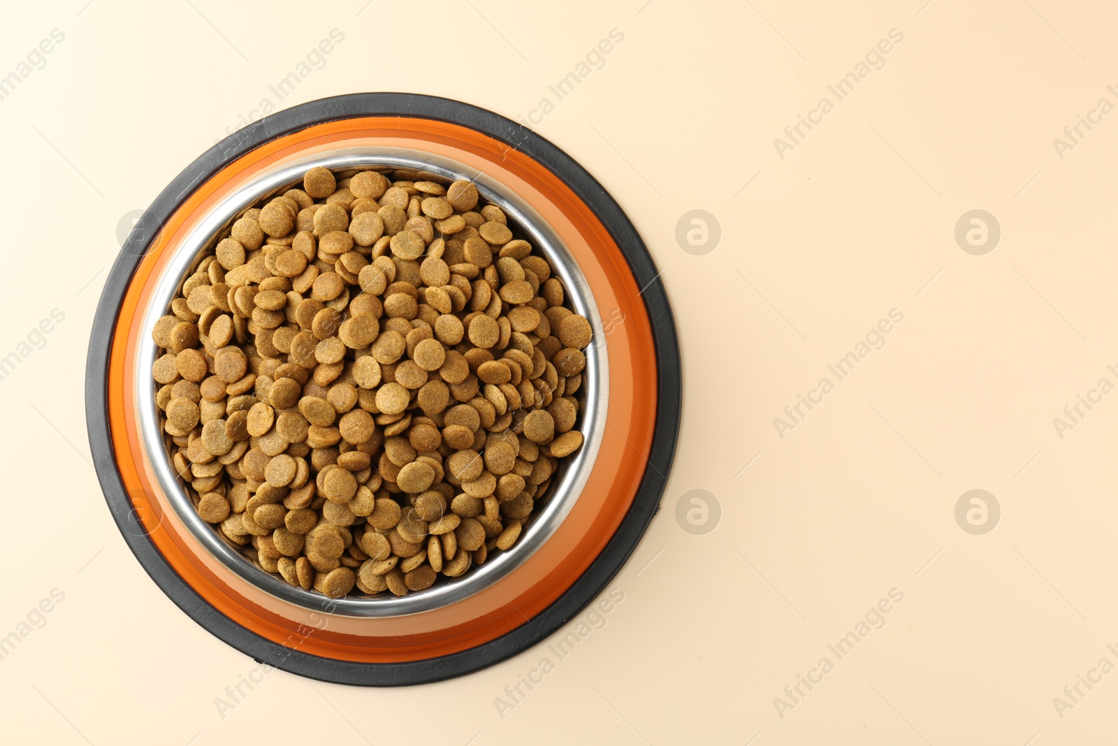 Photo of Dry pet food in feeding bowl on beige background, top view. Space for text