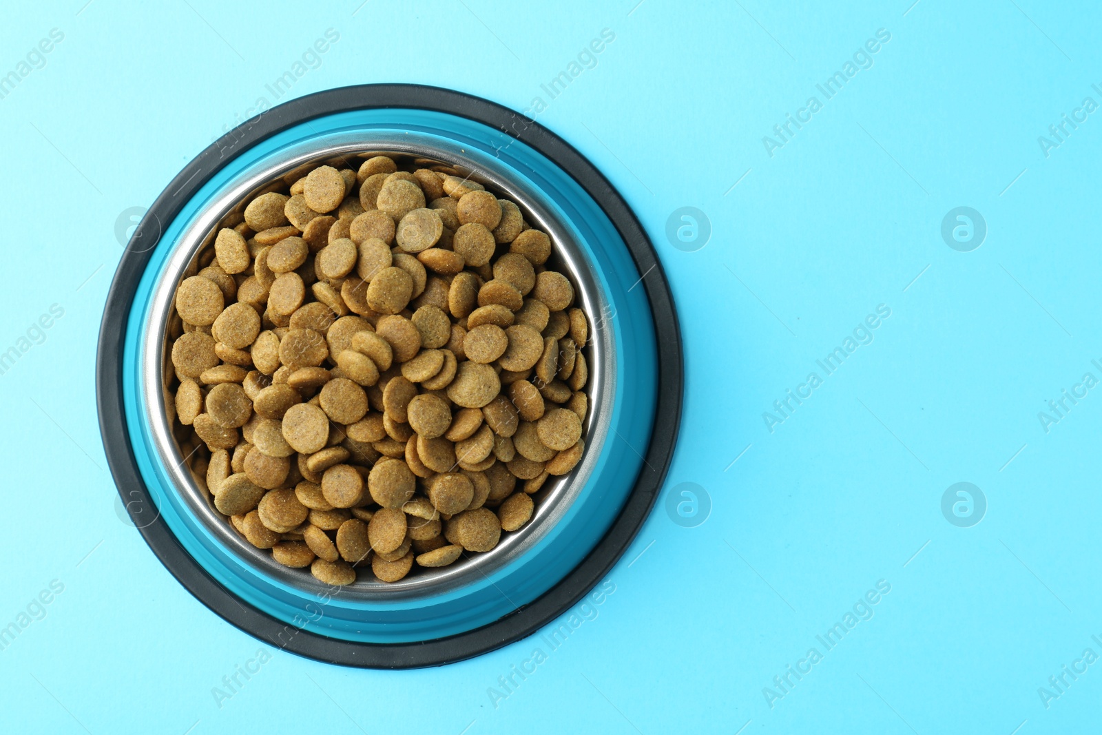 Photo of Dry pet food in feeding bowl on light blue background, top view. Space for text