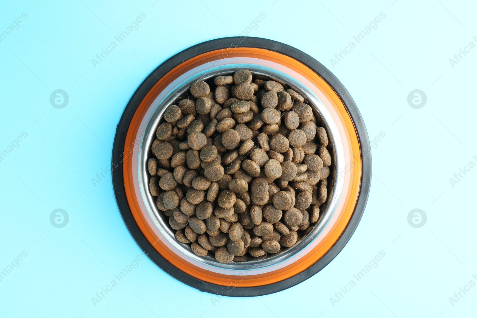 Photo of Dry pet food in feeding bowl on light blue background, top view