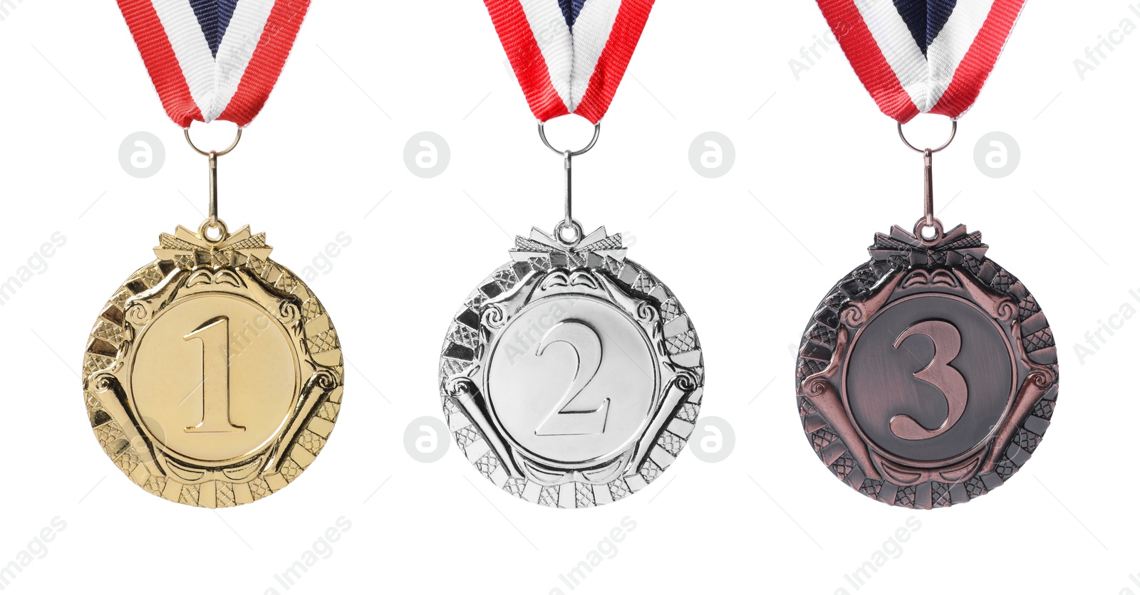 Image of Gold, silver and bronze medals isolated on white