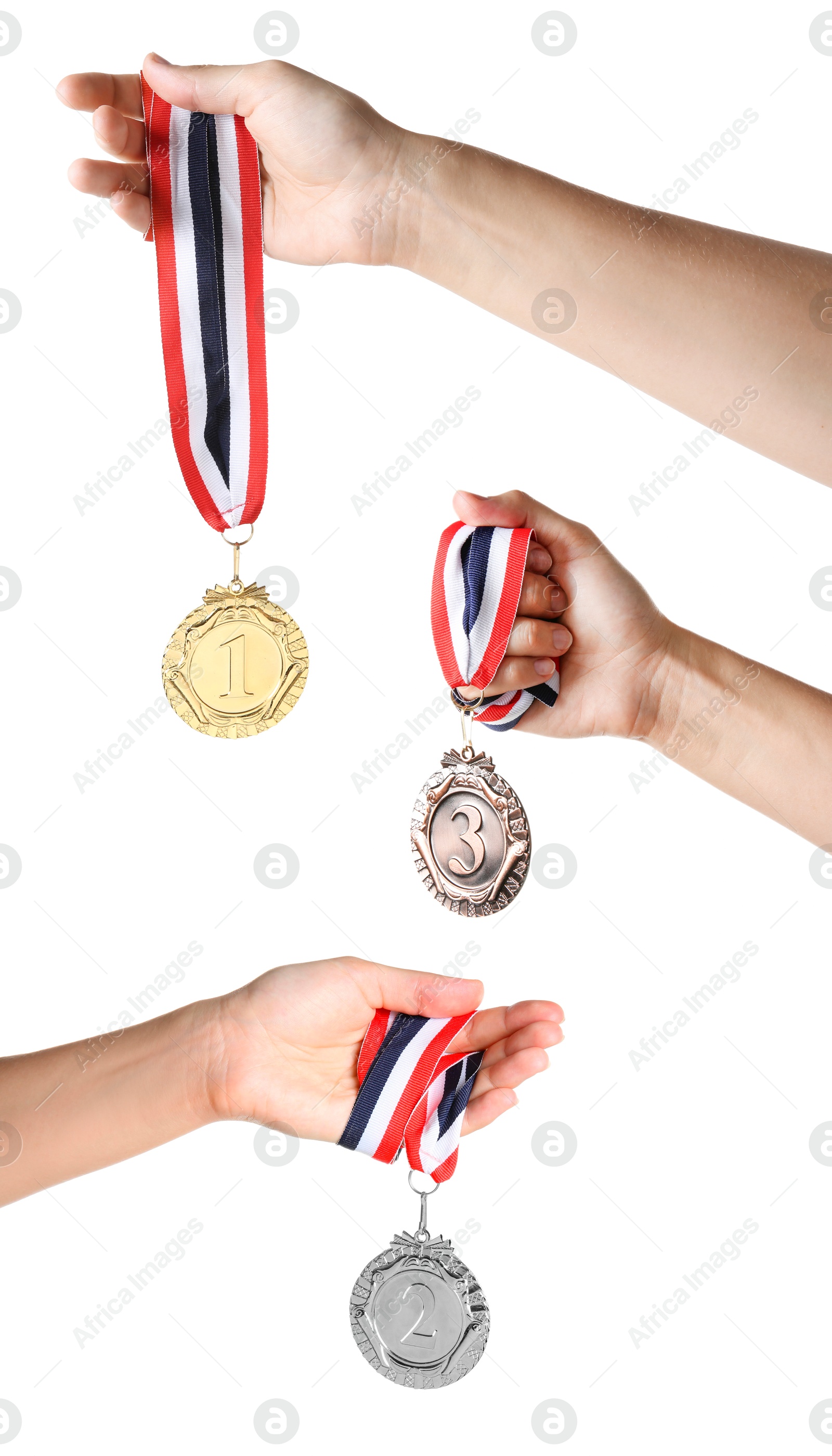 Image of People holding gold, silver and bronze medals on white background, closeup