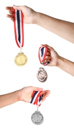 Image of People holding gold, silver and bronze medals on white background, closeup