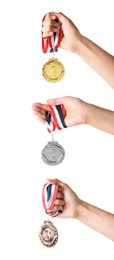 Image of People holding gold, silver and bronze medals on white background, closeup