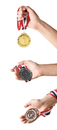 Image of People holding gold, silver and bronze medals on white background, closeup