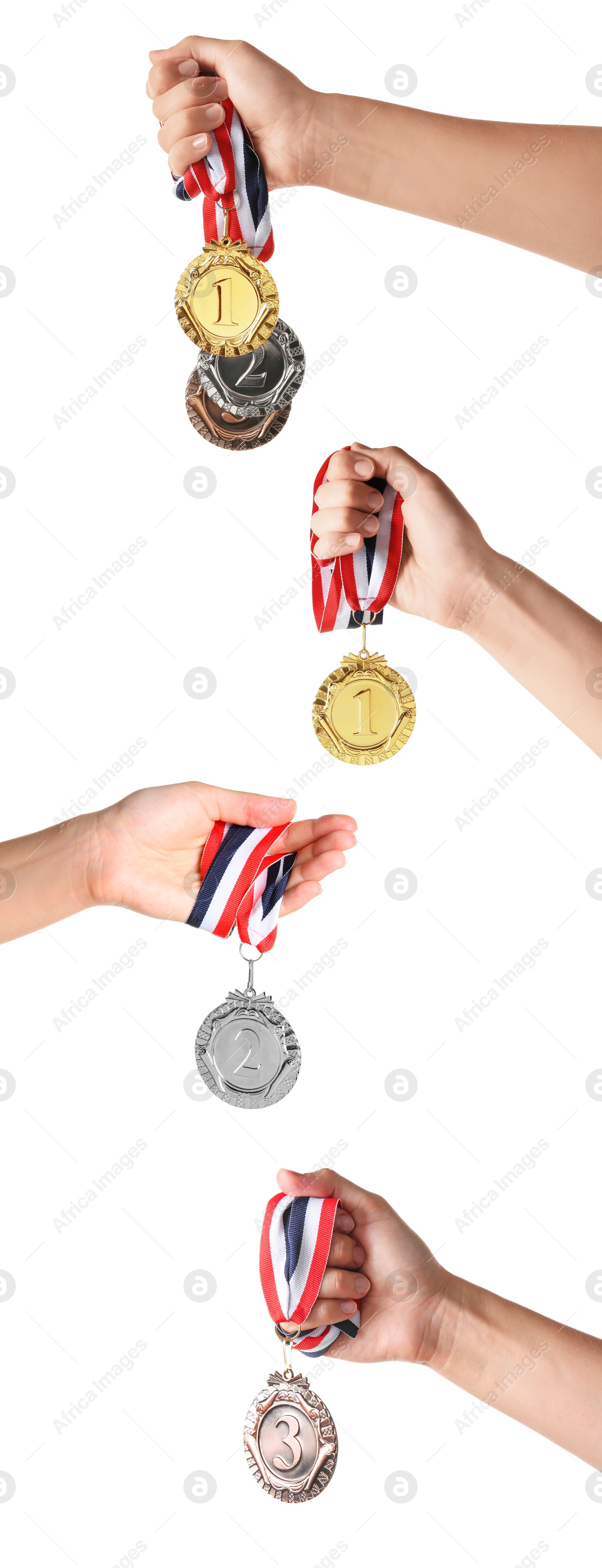 Image of People holding gold, silver and bronze medals on white background, closeup